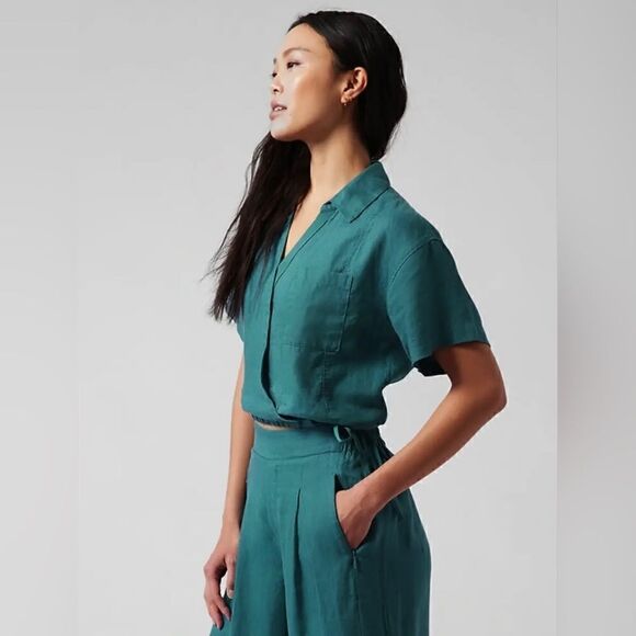 Athleta Women’s Tie Top Short Sleeve 100% Linen Borealis Green Size Medium $79 - Picture 4 of 15